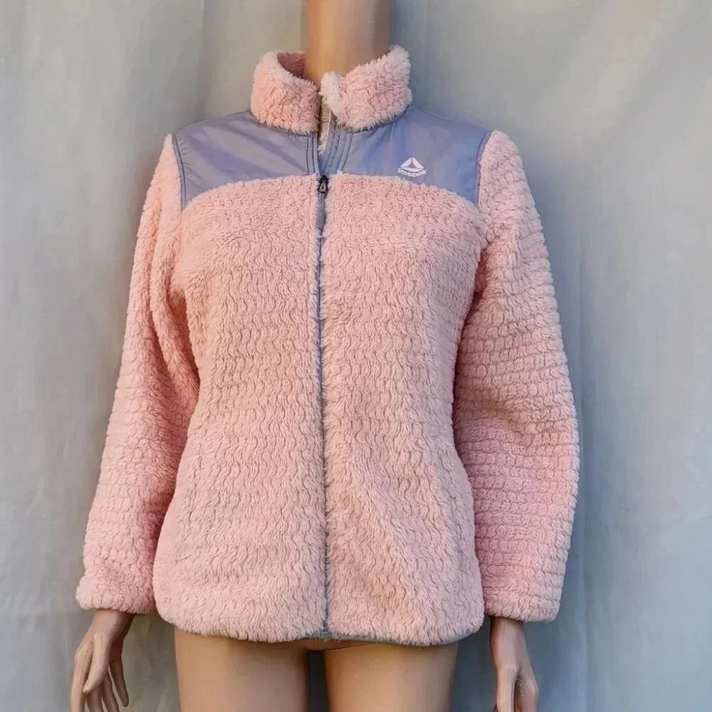 Reebok Junior Girl Pink Fuzzy Jacket Size 14-16 XL Zip Up Fleece